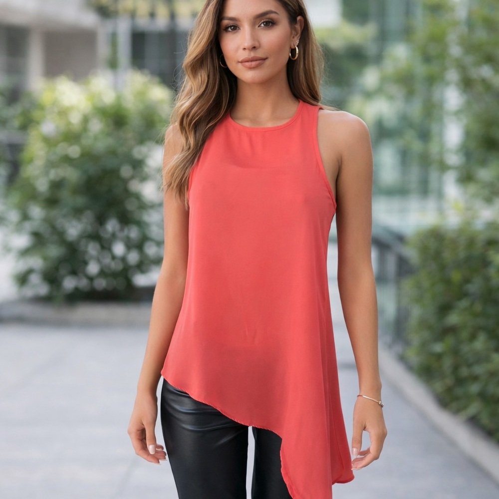 Philosophy salmon-colored chiffon sleeveless top with an asymmetrical hem